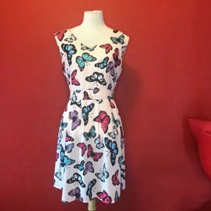 L.A. Soul Fitted Butterfly Print Pleated Waist Pocketed Dresst, L, NWT